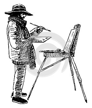 Hand drawing of artist in hat with brush and palette in his hands and with picture on tripod painting outdoors