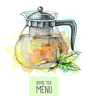 Hand drawing artistic teapot illustrtation on watercolor background.