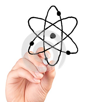 Hand drawing atom icon on white background