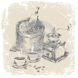 Hand drawing bag of coffee, vintage coffee grinder and two cups of coffee on the table, grunge frame, monochrome. ilustration