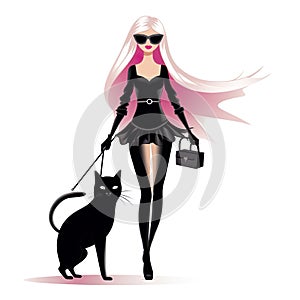 hand drawing barbie with a black cat, adventure time style, minimalistic, white background, Generative AI