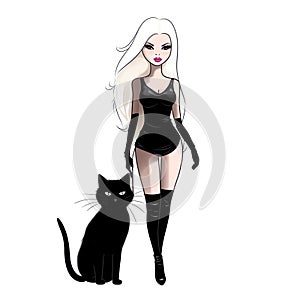 hand drawing barbie with a black cat, adventure time style, minimalistic, white background, Generative AI