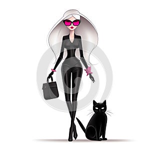 hand drawing barbie with a black cat, adventure time style, minimalistic, white background, Generative AI