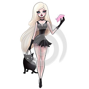 hand drawing barbie with a black cat, adventure time style, minimalistic, white background, Generative AI