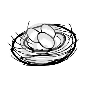 A Hand drawing black vector Illustration of a bird nest with a group of three eggs isolated on a white background