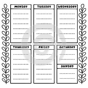 Hand drawing black and white weekly planner template.