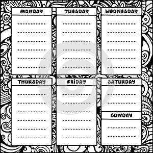 Hand drawing black and white weekly planner template.