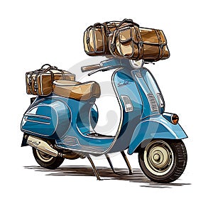 hand drawing blue italian vintage motorbike with brown lether seat, parasol stuck in luggage carrier, white background, Generative