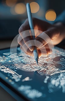 Hand drawing blueprint with stylus on digital tablet