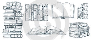 Hand drawing books. Drawn sketch of literature. School or college students library book illustration vector collection