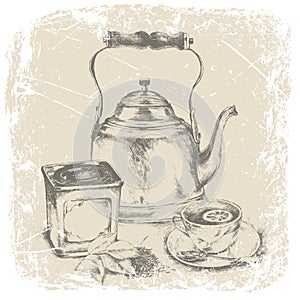 Hand drawing of box of tea, cup of tea, tea leaves,lemon .vector illustration