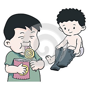 Hand drawing of boy wearing pant, eating lolipop-Vector Illustration. photo