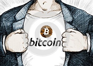 Hand drawing businessman ripping off shirt with bitcoin logo.