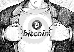 Hand drawing businessman ripping off shirt with bitcoin logo.