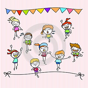 Hand drawing cartoon happy kids running marathon