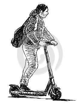 Hand drawing of casual citizen riding a scooter