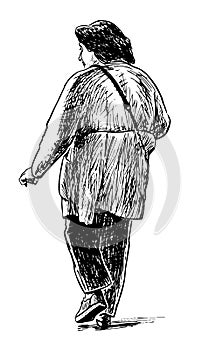 Hand drawing of casual elderly city woman walking alone outdoor