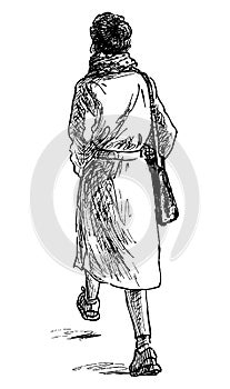 Hand drawing of casual modern young city woman walking along street