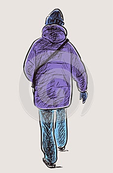 Hand drawing of casual townsman in jacket walking outdoors