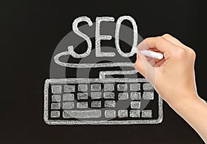 Hand drawing chalk SEO concept with keyboard