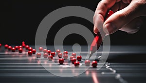 Hand drawing a chart with red balls on a black background. Business concept