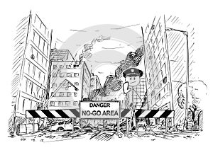 Hand Drawing of City Street Destroyed by Riot, Road Blocked by Danger No-Go Area Sign and Policemen