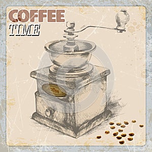 Hand drawing of coffee and vintage coffee grinder, grunge frame, monochrome.vector ilustration