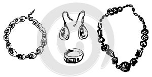 Hand drawing of collection female jewelry of precious metals and stones, ring, earrings, bracelet,beads, necklace, vector