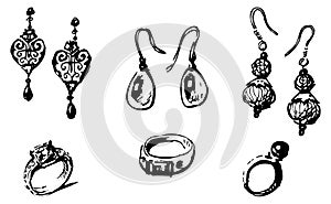 Hand drawing of collection female jewelry of precious metals and stones, rings,earings, vector illustration isolated on white
