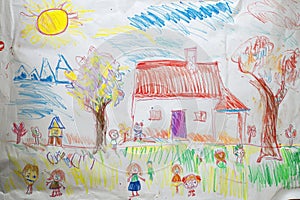 A hand drawing colorful picture of house has drawn by pencil or crayon. AIGX01.