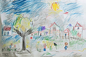 A hand drawing colorful picture of house has drawn by pencil or crayon. AIGX01.