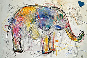 A hand drawing colorful picture of single elephant drawn with a crayon. AIGX01.