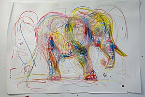 A hand drawing colorful picture of single elephant drawn with a crayon. AIGX01.