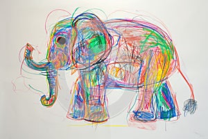 A hand drawing colorful picture of single elephant drawn with a crayon. AIGX01.