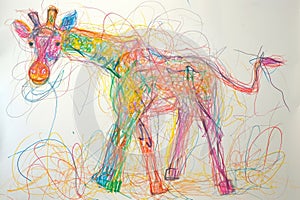 Hand drawing colorful picture of single giraffe drawn with color crayon. AIGX01.