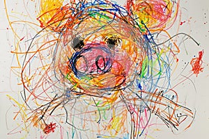 A hand drawing colorful picture of single pig drawn by pencil or crayon. AIGX01.