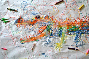 A hand drawing colorful single of a alligator or crocodile with crayon. AIGX01.