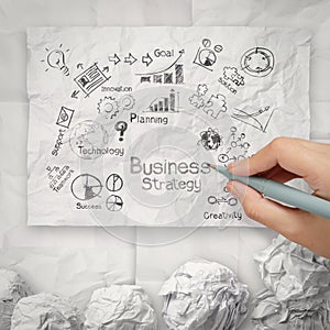 hand drawing creative business strategy on crumpled paper background
