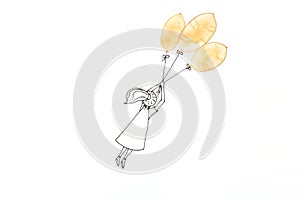 Hand drawing cute cartoon girl flying with balloon made of translucent seedpods. Minimal, creative or dreaming concept. Copy space