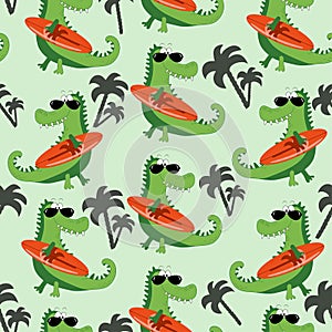 Hand drawing cute crocodile with surboard seamless pattern.
