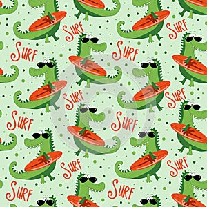 Hand drawing cute crocodile with surboard seamless pattern