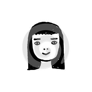 Hand drawing of cute face girl. Black and white minimal style doodle.