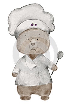 hand drawing of a cute teddy bear in a chef's hat and with a spoon, cartoon chef bear