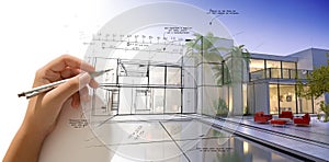 Hand drawing a designer villa with pool photo