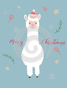 Hand drawing digital watercolor illustration Christmas white lama