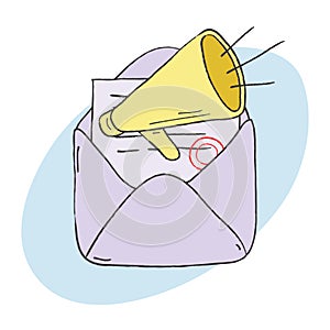 Hand drawing doodle style envelope and megaphone