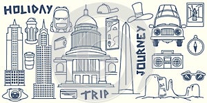 Hand drawing doodle travel elements trip to america with tourist equipment, tower, sky scrapper, car, museum liberty, compass