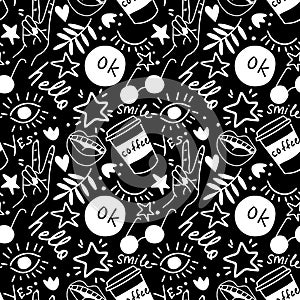 Hand drawing doodles.Seamless pattern with hand phrases and symbols. Vector seamless background.