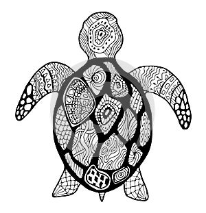 Hand drawing doodles and zentangle nautical art. Black and white sea turtle vector illustration