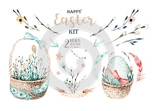 Hand drawing easter watercolor basket with leaves, branches and